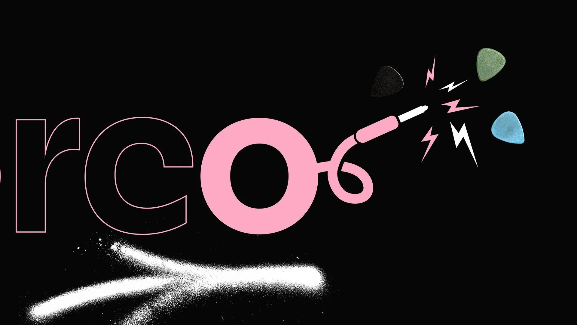 Wordmark detail: the o of porco ending in a P10 cable, with guitar picks
