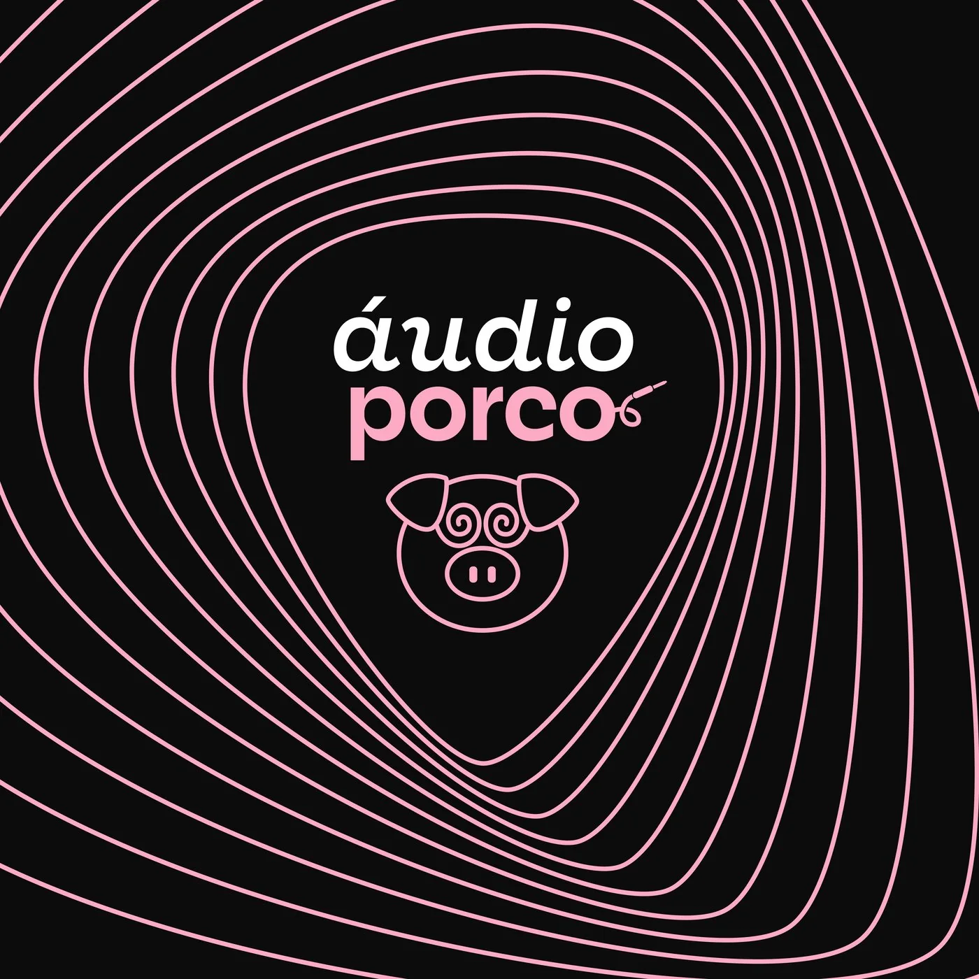 áudioporco logo and pig inside pink contour lines shaped like a guitar pick