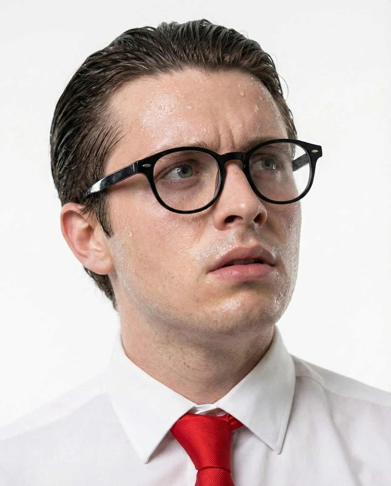 Generated close-up of Elias, sweating, in black-rimmed glasses
