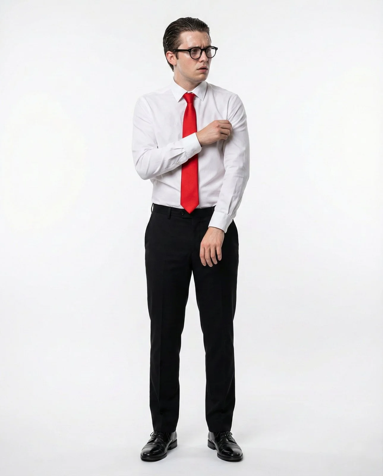 Generated full-body model of Elias standing, white shirt and red tie