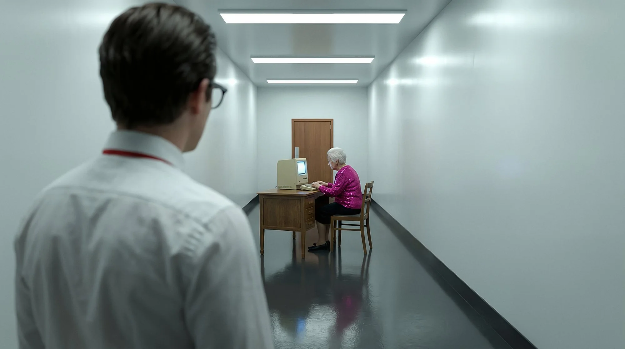 Generated shot: Elias, seen from behind, looks down the white corridor at the examiner