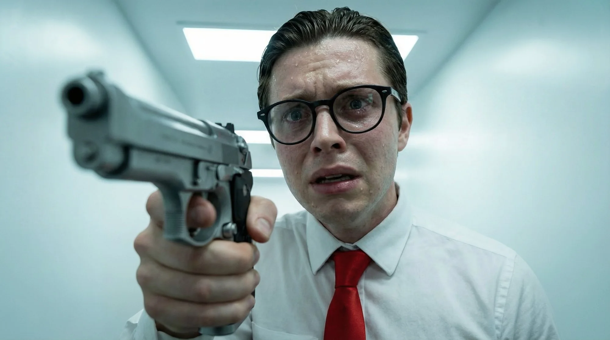 Elias, crying, holds the pistol toward the camera