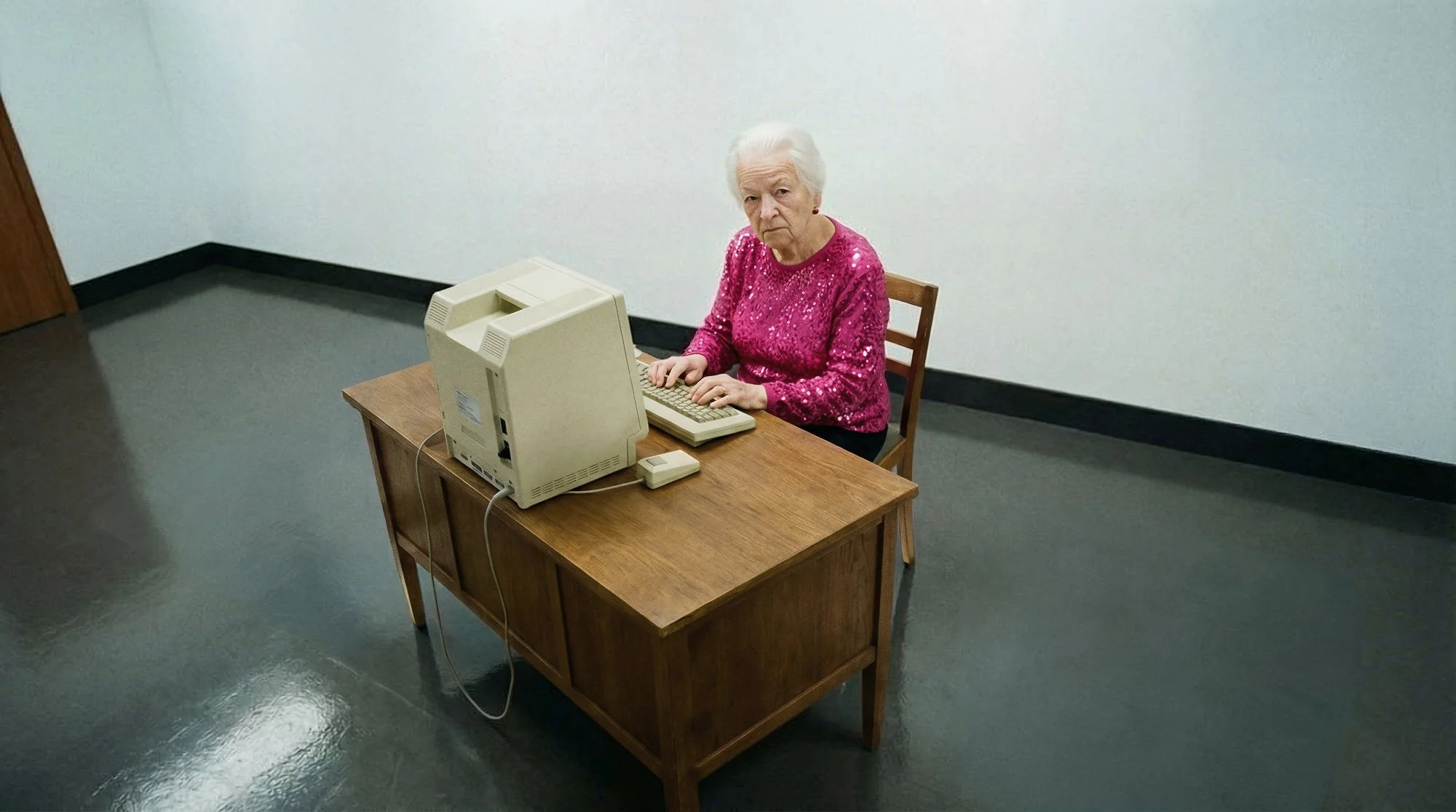 High angle on the examiner at her desk