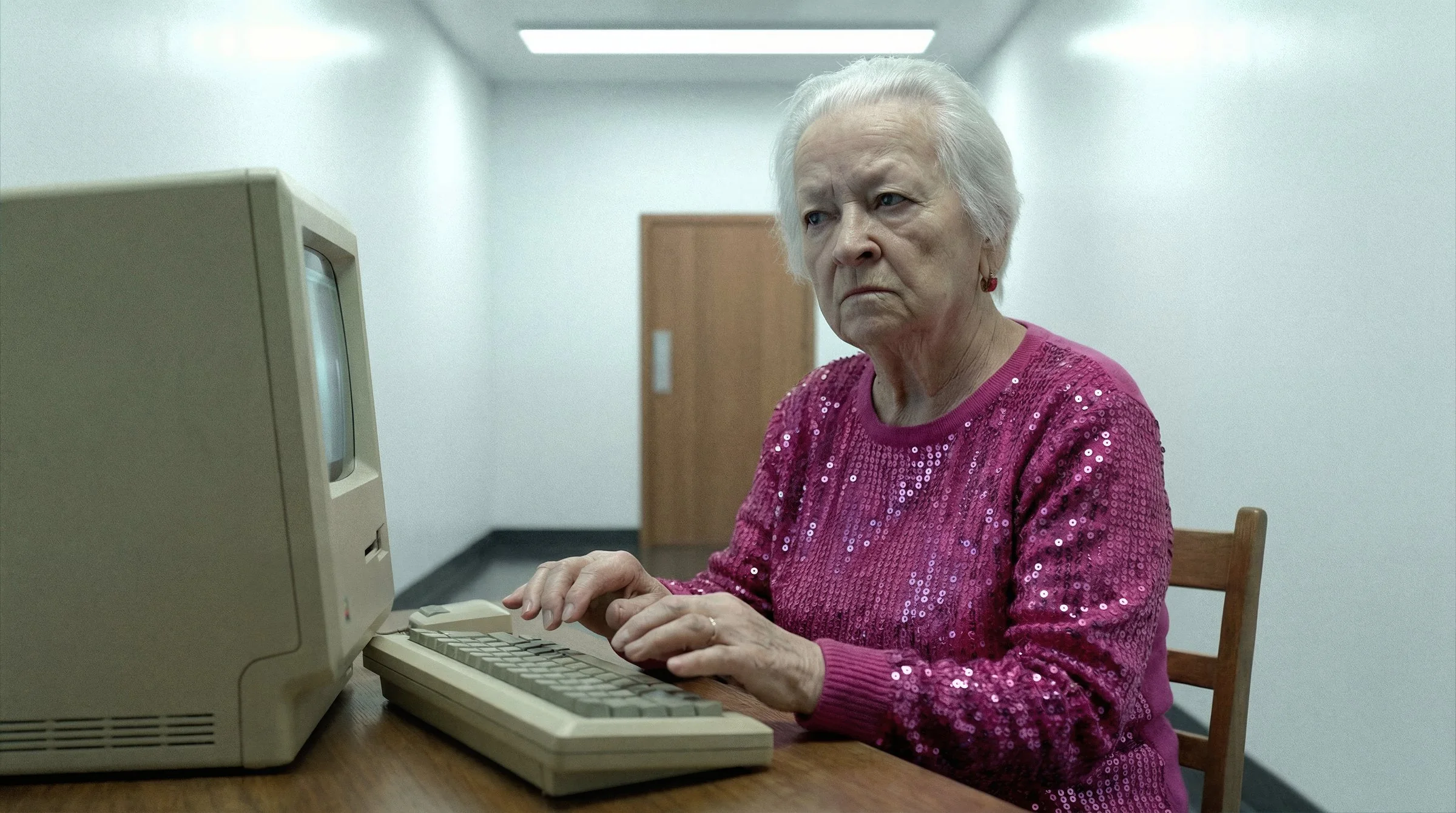 Generated shot: the examiner in a pink sequin sweater types on an old computer