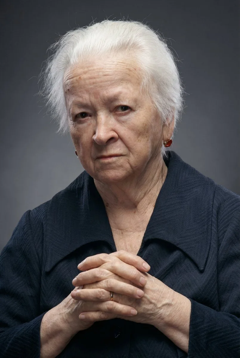 Stock portrait of an elderly woman with white hair