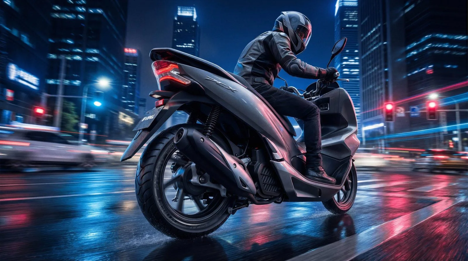 AI-generated Honda PCX scooter riding through a neon-lit city at night