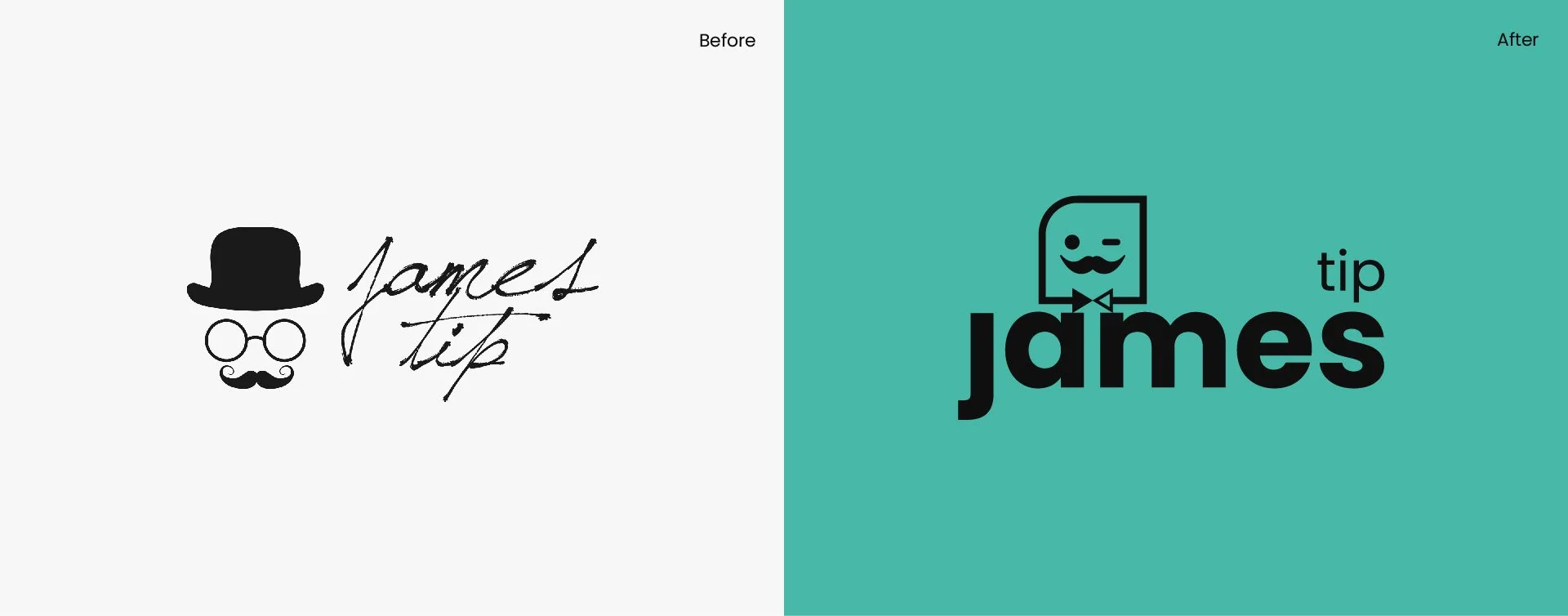 Previous James Tip logo with hat, glasses and script signature, next to the new geometric butler logo on teal