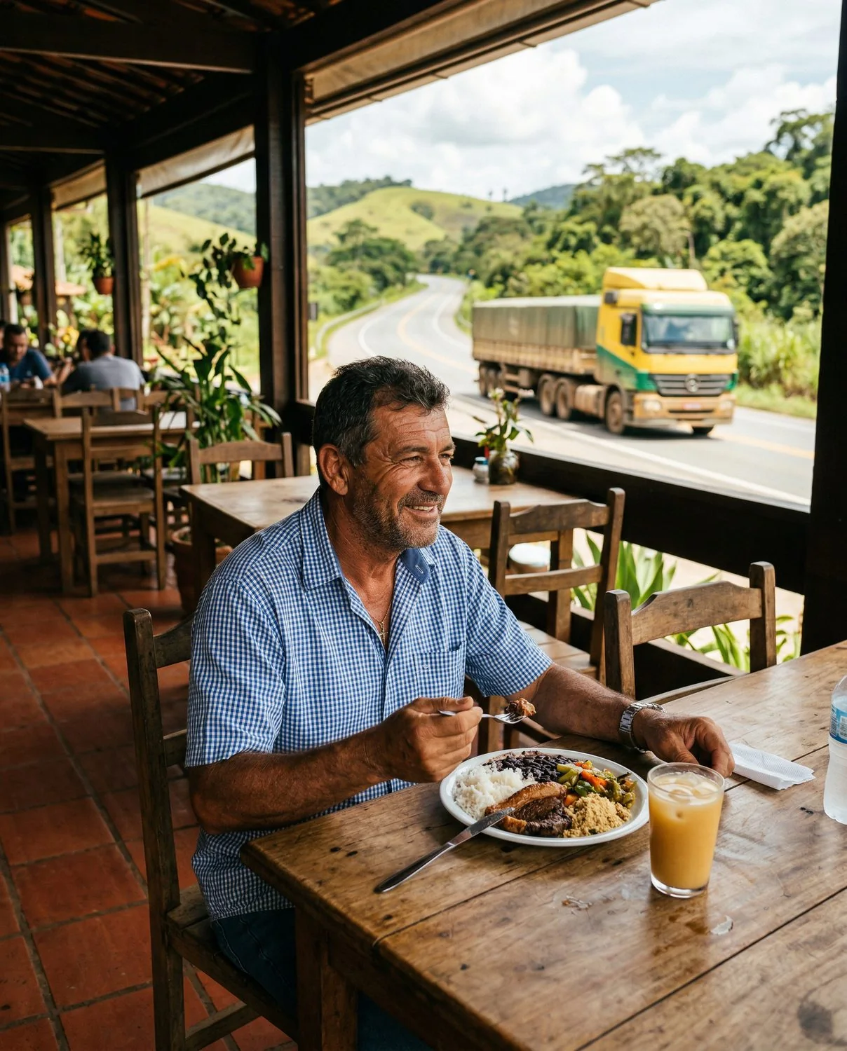 Man eating lunch at a roadside restaurant with a truck passing outside