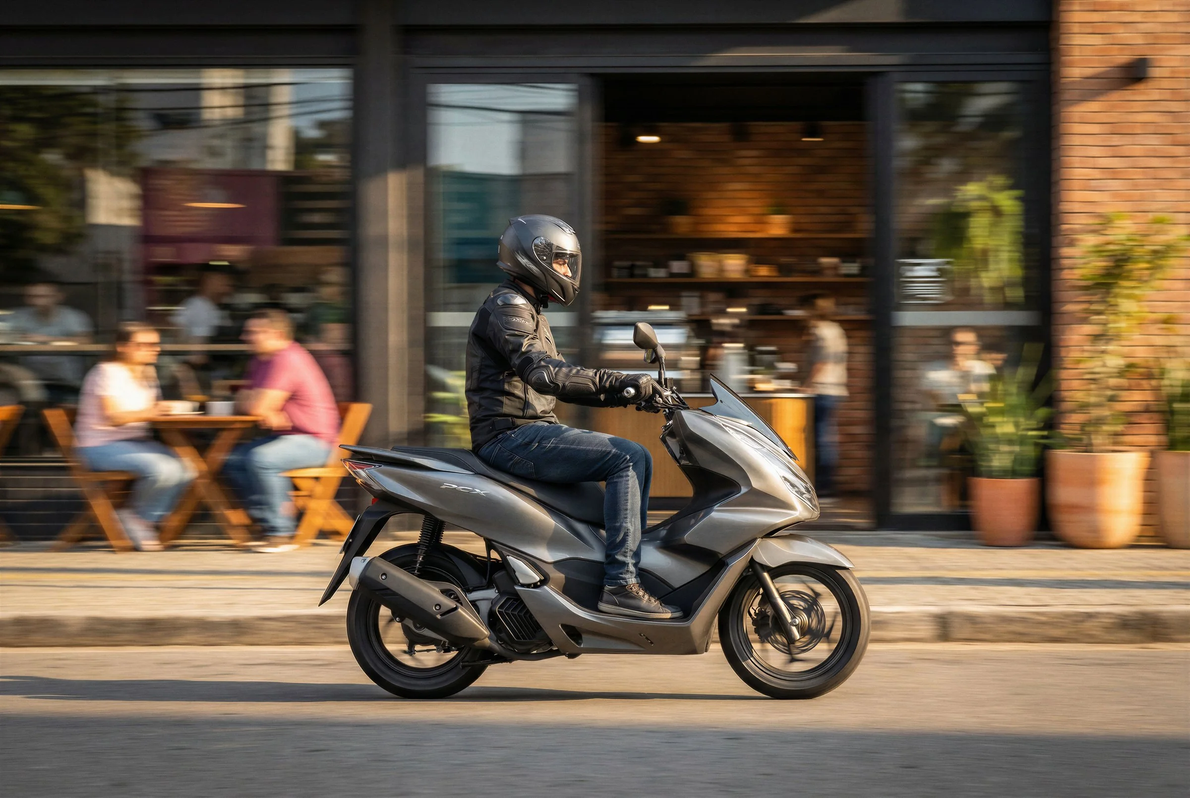 Generated: Honda PCX on ST500 tires passing a coffee shop