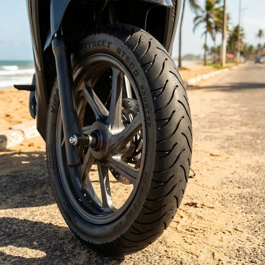 Generated: ST500 tire on a scooter parked by a beach boardwalk