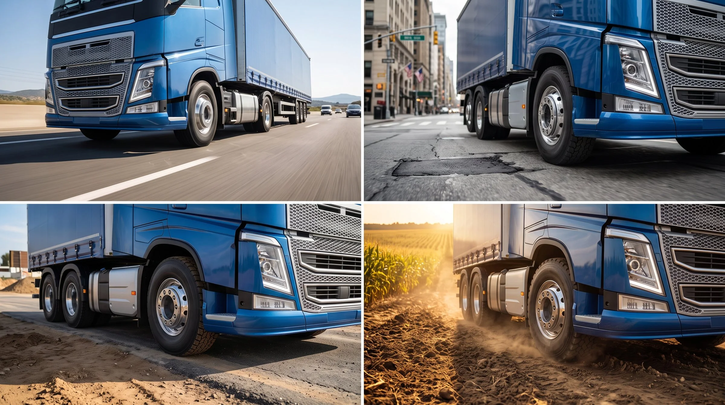Generated 2×2 grid: blue truck on highway, city street, mixed road and farm track