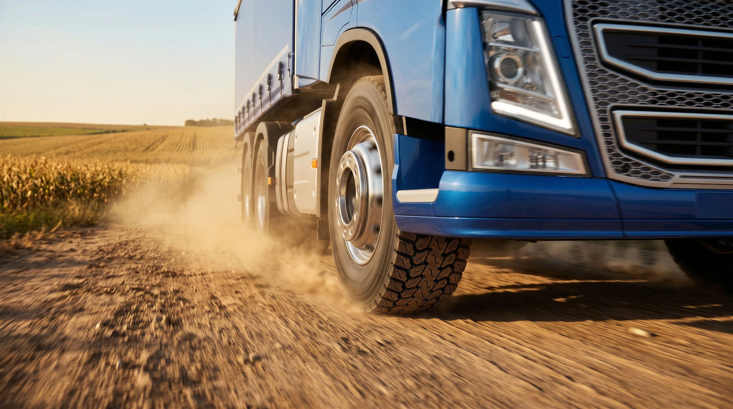 Final: blue truck raising dust beside a corn field