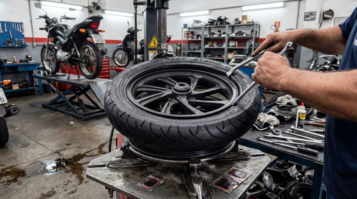 Generated: mechanic fitting an ST500 tire in a workshop