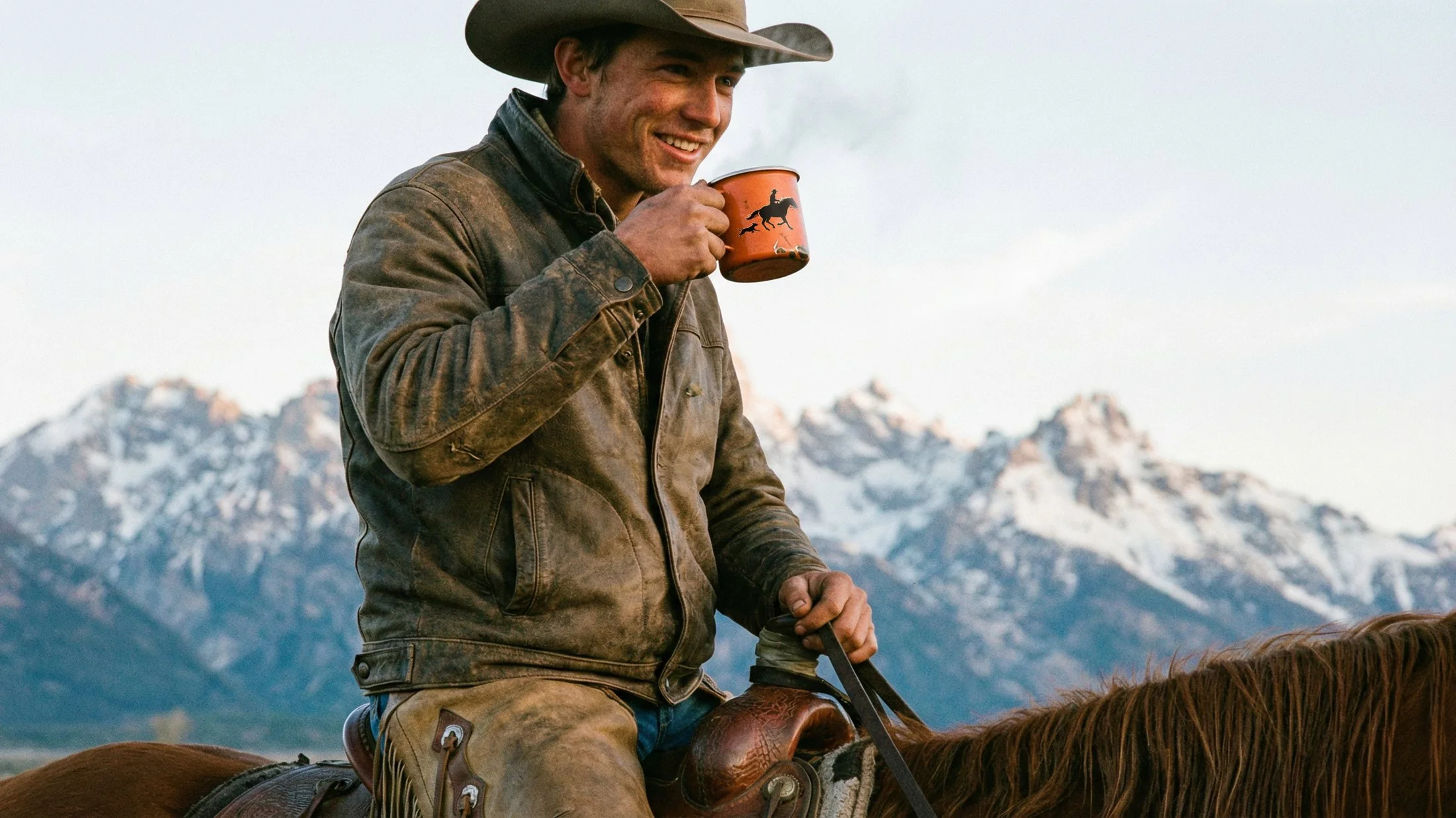 Smiling cowboy with an orange Velho Hank mug