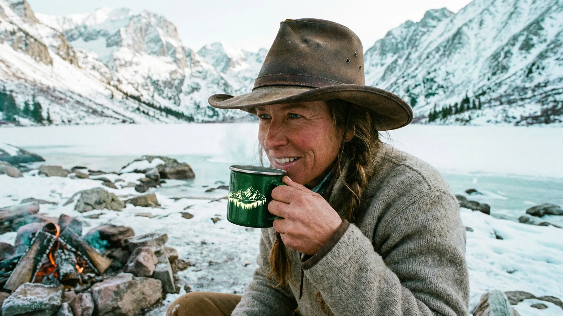 Woman by a frozen lake with a green Velho Hank mug