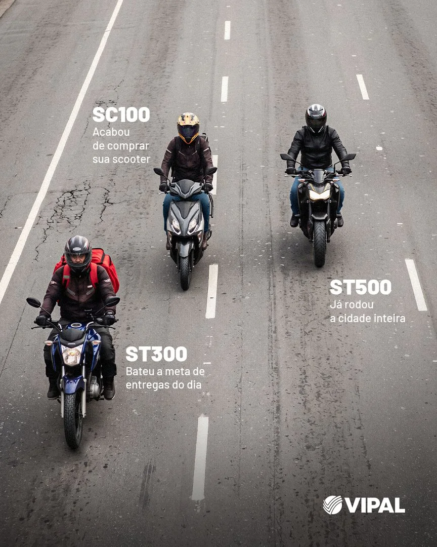 Vipal post: three riders on a city avenue, each labelled with their Vipal tire line