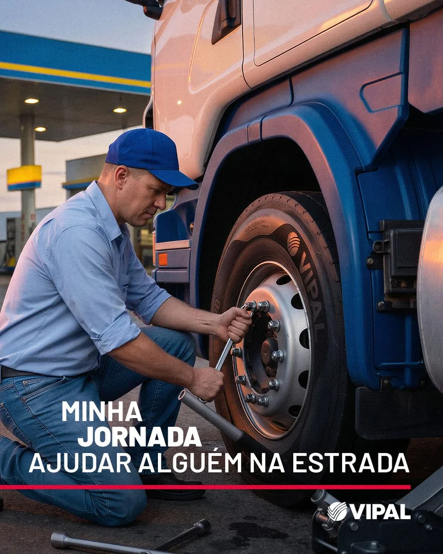 Vipal post: man changing a truck tire at a gas station