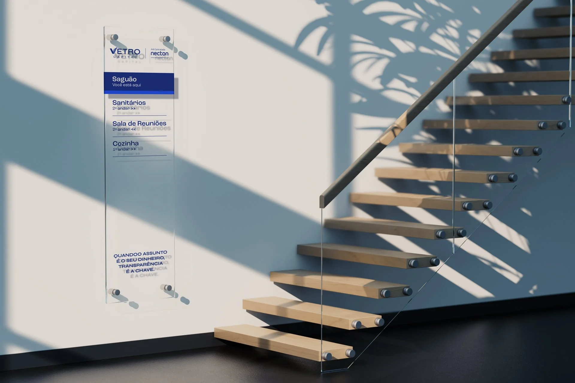 Vetro Capital acrylic wayfinding sign by a staircase